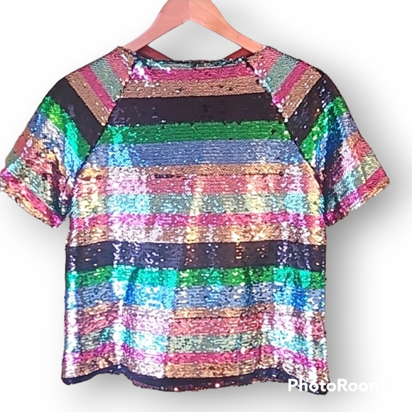 Sanctuary Short Sleeve Sequined Rainbow Striped Top - Picture 5 of 7